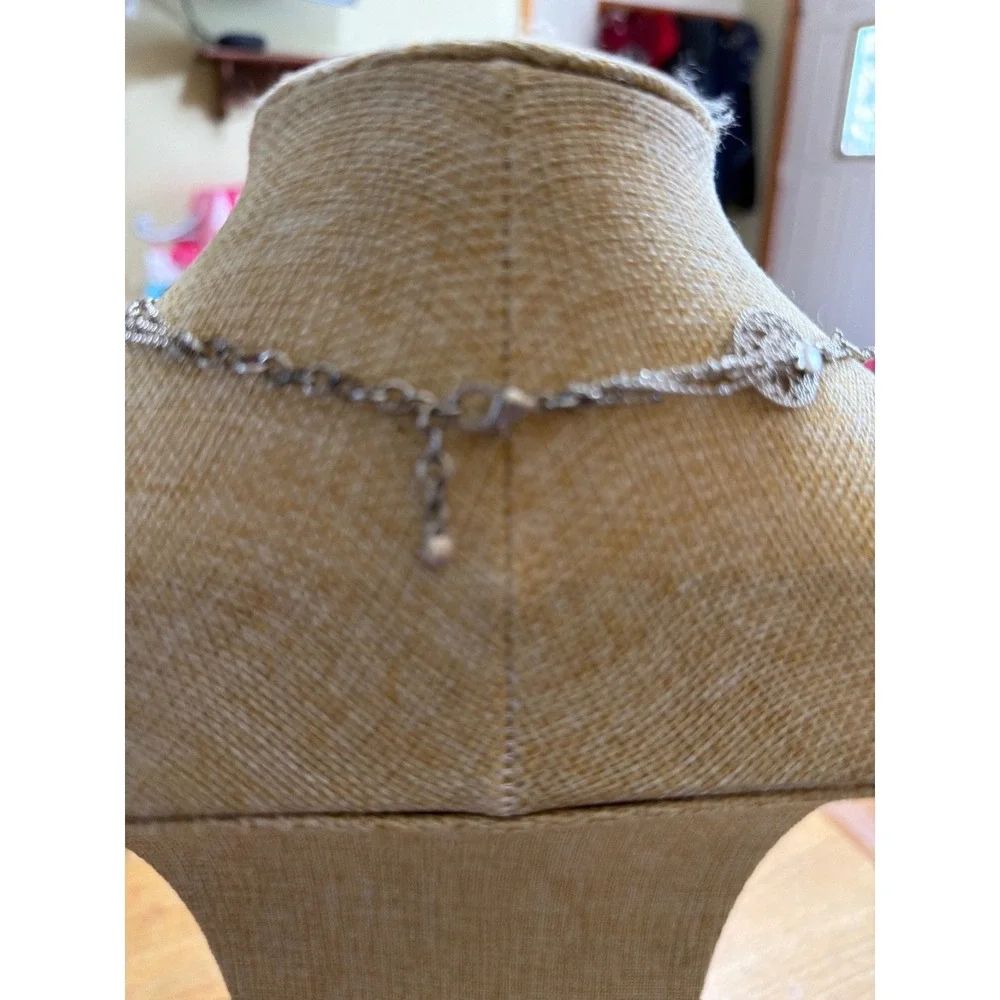 Silver Tone Double Strand Filigree Medallion Long Station Necklace Boho Layering